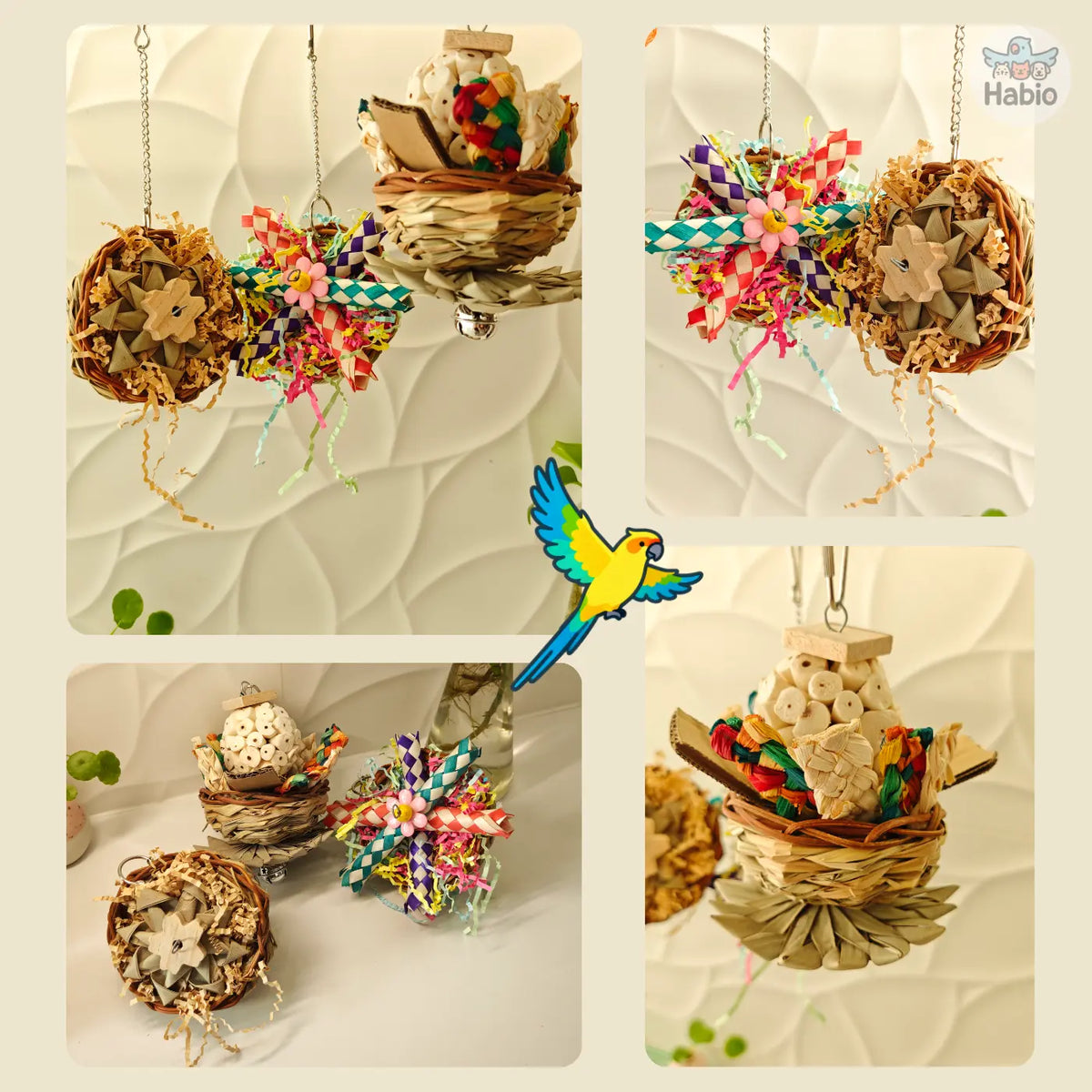3-Piece Bird Chew & Shredding Toy Set – Natural Hanging Toys for Budgies & Small Parrots