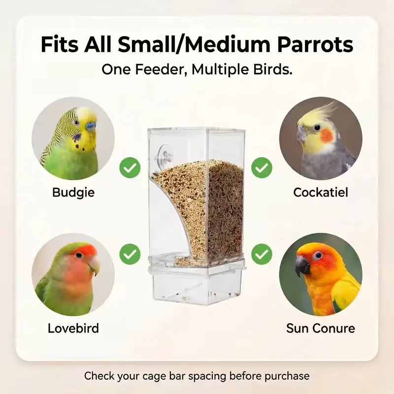 No-Mess Anti-Spill Bird Seed Feeder – 7-Day Capacity Feeder for Budgies, Cockatiels & Small Parrots