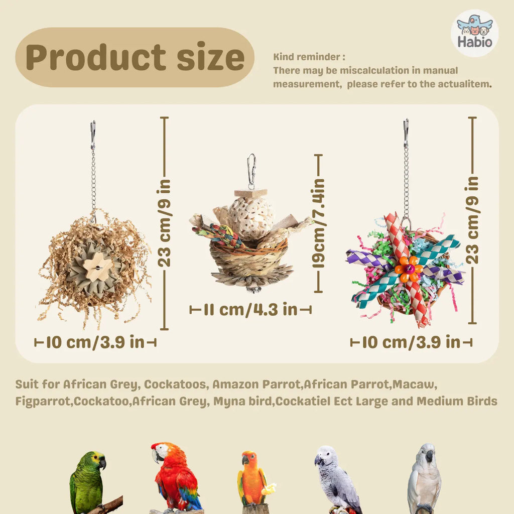 3-Piece Bird Chew & Shredding Toy Set – Natural Hanging Toys for Budgies & Small Parrots